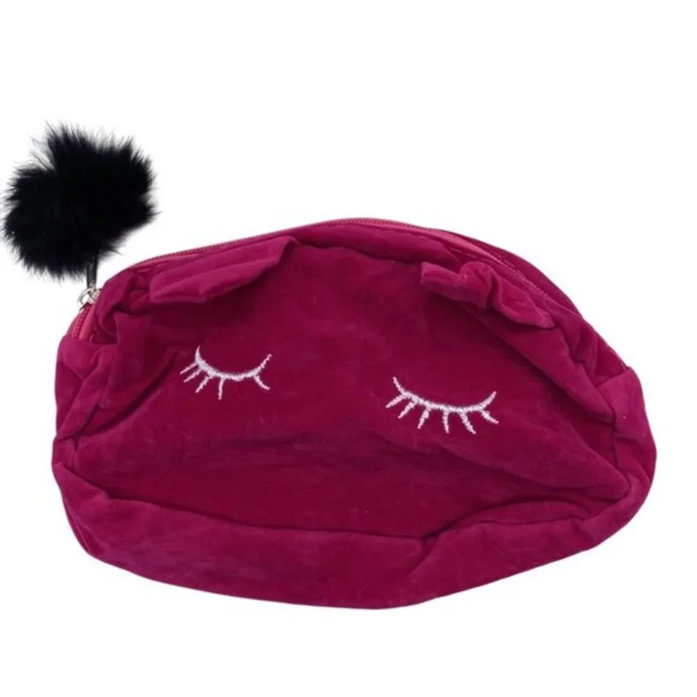 Pink Velvet Cosmetic Pouch With Embroidered Eyelash‎ Design & Fluffy Pom Pom